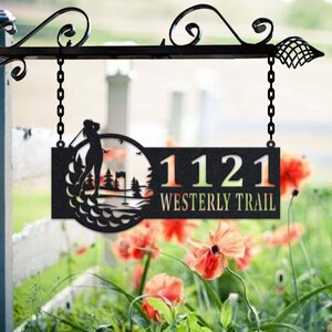 Personalized Female Golfer Metal Address Sign House Number Hanging Address Plaque Yard Sign, Outdoor Sign Garden Stake, Metal Address Sign