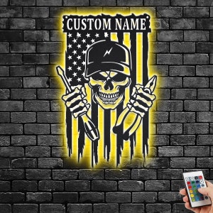 Custom US Electrician Skull Metal Wall Art With LED Light, Personalized Electrician Name Sign Decoration, Electrician Skull Metal LED Decor