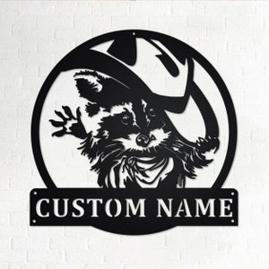 Custom Raccoon With Cowboy Hat Metal Wall Art, Personalized Raccoon Name Sign Decoration For Room, Raccoon Metal Home Decor, Custom Raccoon