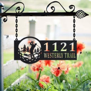 Personalized Male Golfer Metal Address Sign House Number Hanging Address Plaque Yard Sign, Outdoor Sign Garden Stake, Metal Address Sign