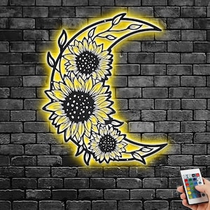 Sunflower Moon Metal Wall Art With LED Light, Sunflower Moon Metal Sign Decoration For Living Room, Sunflower Moon Metal LED Decor