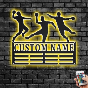 Custom Handball Male Medal Holder LED Light, Personalized Handball Player Name Medal Hanger, Handball Medal Display Awards Sign, Handbal