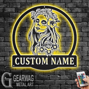 Custom Sugar Skull Metal Wall Art With LED Light, Personalized Sugar Skull Name Sign Decoration For Room, Sugar Skull Metal LED Decor