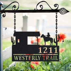 Personalized Cowboy Metal Address Sign House Number Hanging Address Plaque Yard Sign, Outdoor Sign Garden Stake, Metal Address Sign