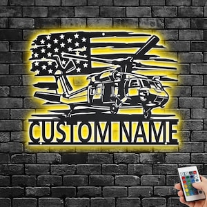 Custom US Black Hawk Helicopter Metal Wall Art With LED Light, Personalized Helicopter Name Sign Decoration For Room, Helicopter LED Decor