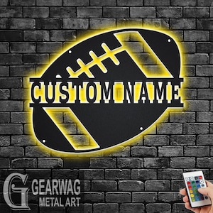 Décoration murale en métal personnalisée ballon de football avec lumière LED, décoration personnalisée de signe de nom de joueur de football pour chambre, décoration LED en métal en métal de football