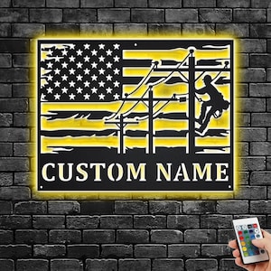 Custom Lineman USA Flag Round Metal Wall Art With LED Light, Personalized Lineman Name Sign Decoration For Room, Lineman Home Decor, Lineman
