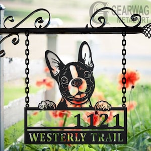 Personalized Boston Terrier Dog Metal Address Sign House Number Hanging Address Plaque Yard Sign, Outdoor Sign Garden Stake, Address Sign