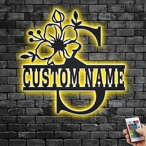 Custom Floral Alphabet S Metal Wall Art With Led Light, Personalized Alphabet Family Name Sign Decoration For Room,Last Name Metal LED Decor