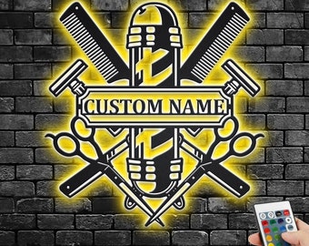 Custom Barber Shop Metal Wall Art With LED Light, Personalized Barber Shop Name Sign Decoration For Room, Hairstyle List Metal Home Decor