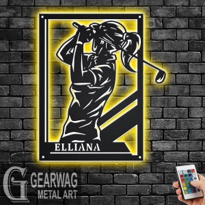 Custom Female Golf Signage Metal Wall Art With LED Light, Personalized Golf Player Name Sign Decoration, Female Golf Player Metal LED Decor