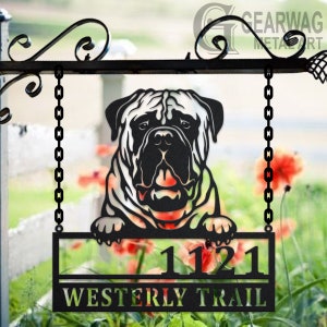 Personalized Bullmastiff Dog Metal Address Sign House Number Hanging Address Plaque Yard Sign, Outdoor Sign Garden Stake, Address Name Sign