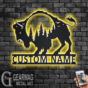 Custom Bison Metal Wall Art With LED Light, Personalized Bison Name Sign Decoration For Room, Bison Metal LED Decor, Custom Bison Name Sign