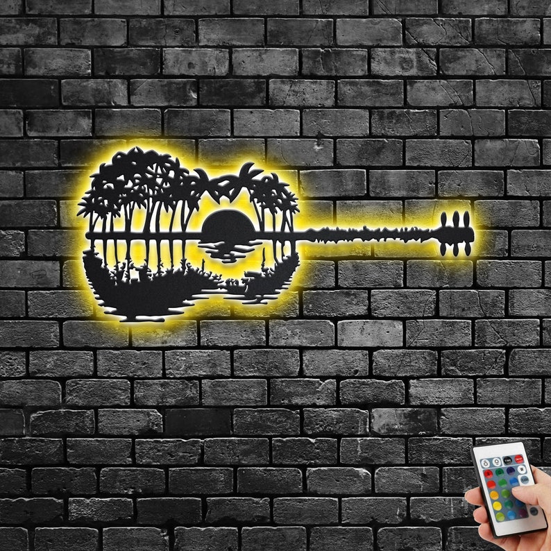 Guitar Sunset Metal Wall Art With LED Light Guitarist Sign Etsy