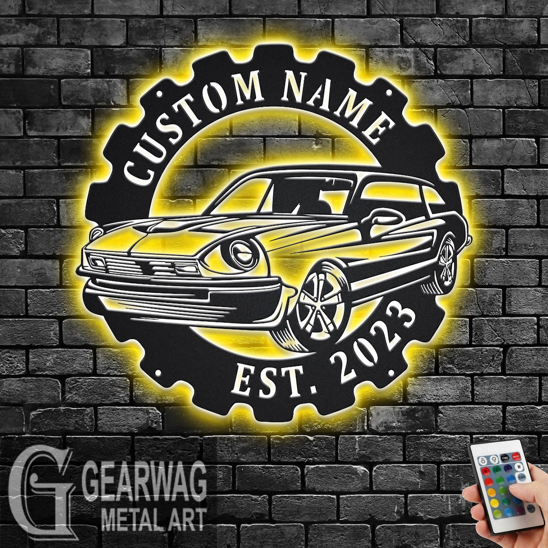 Custom Muscle Car Metal Wall Art With LED Light, Personalized Garage