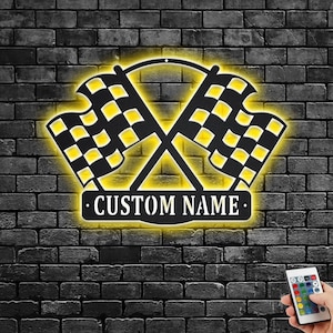 Custom Checkered Racing Flag Metal Wall Art With LED Light, Personalized Racer Name Sign Decoration For Room, Racing Metal LED Decor
