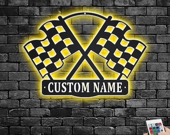 Letrero LED metálico con bandera a cuadros personalizado: Decoración de carreras personalizada