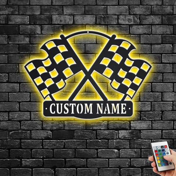 Custom Checkered Racing Flag Metal Wall Art With LED Light, Personalized Racer Name Sign Decoration For Room, Racing Metal LED Decor