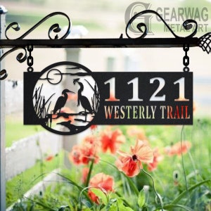 Personalized Heron Couple Metal Address Sign House Number Hanging Address Plaque Yard Sign, Outdoor Sign Garden Stake, Custom Address Sign