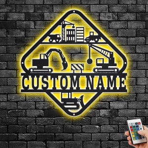 Custom Construction Metal Wall Art With LED Light, Personalized Construction Name Sign Decoration For Room, Construction Metal LED Decor