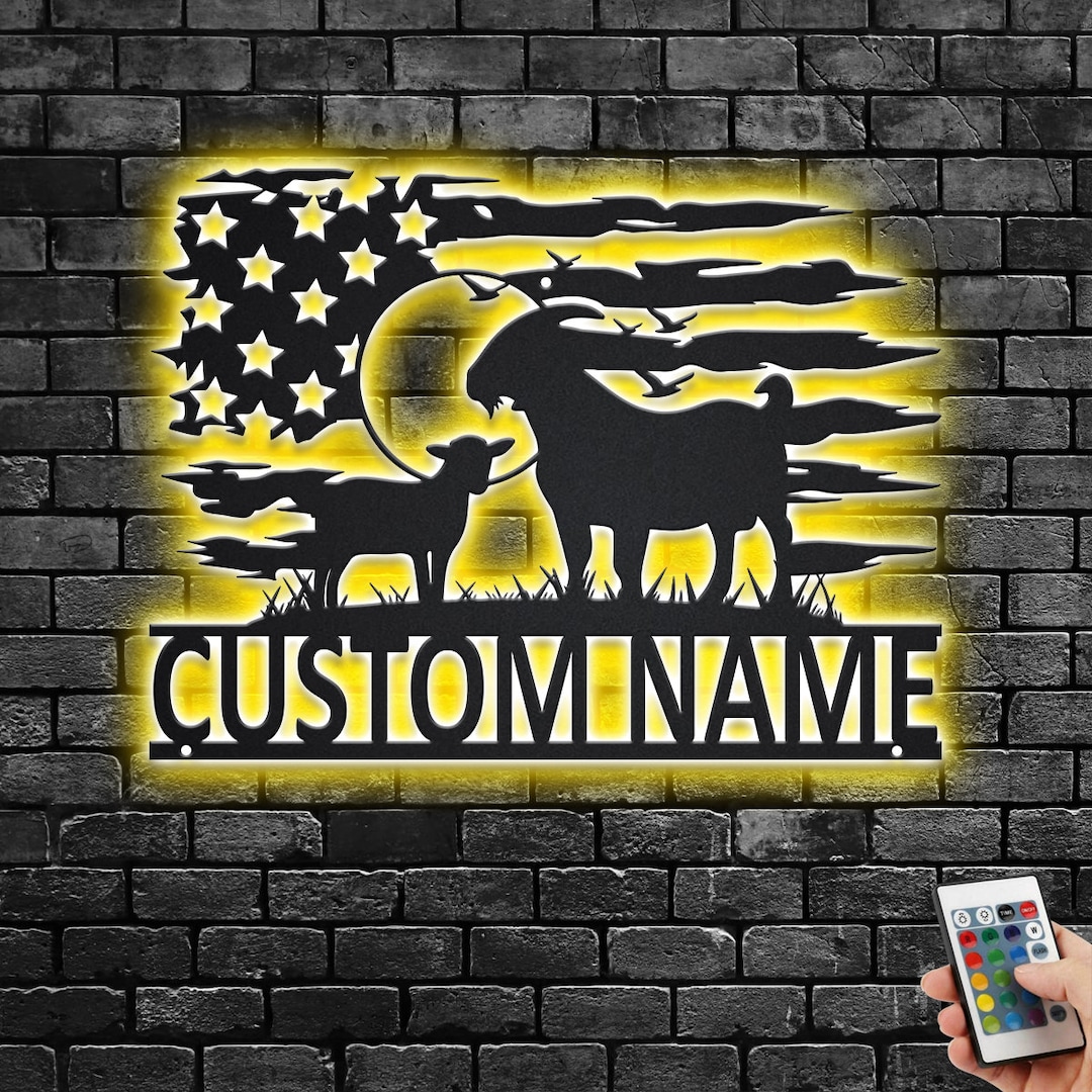 Custom US Goat Farm Metal Wall Art With LED Light, Personalized Goat