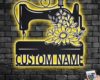 Custom Floral Sewing Machine Metal Wall Art With LED Light, Personalized Sewing Room Name Sign Decoration For Room, Sewing Metal LED Decor