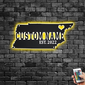 Decorazione da parete in metallo con mappa del Tennessee personalizzata e luce a LED, cartello con il nome dello stato del Tennessee personalizzato per la stanza, decorazione a LED &quot;Nato nel Tennessee&quot;