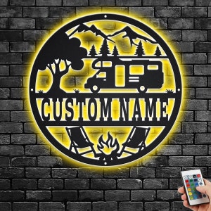 Custom Campervan Metal Wall Art With LED Light, Personalized Camping Family Name Sign Decoration For Room, Campervan Metal LED Decor