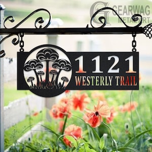 Personalized Mushroom Metal Address Sign House Number Hanging Address Plaque Yard Sign, Outdoor Sign Garden Stake, Address Name Sign