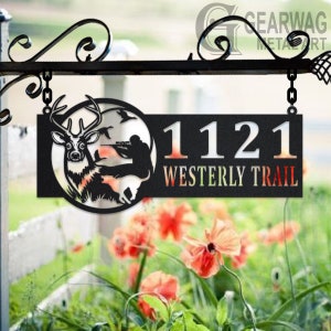 Personalized Deer Hunter Metal Address Sign House Number Hanging Address Plaque Yard Sign, Outdoor Sign Garden Stake, Custom Address Sign
