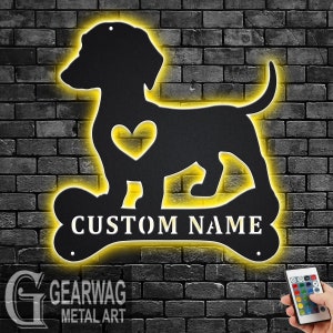 Custom Daschund Heart Metal Wall Art With LED Light, Personalized Daschund Dog Name Sign Decoration For Room, Daschund Metal LED Decor