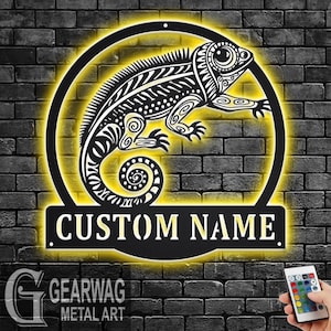 Custom Chameleon Metal Wall Art With LED Light, Personalized Chameleon Name Sign Decoration For Room, Chameleon Metal LED Decor, Chameleon