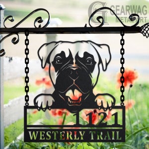 Personalized Boxer Dog Metal Address Sign House Number Hanging Address Plaque Yard Sign, Outdoor Sign Garden Stake, Address Name Sign
