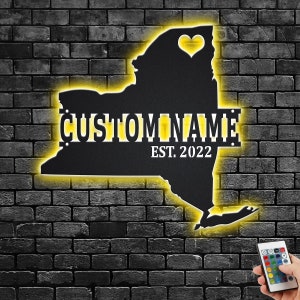 Custom New York Map Metal Wall Art With Led Light, Personalized New York State Name Sign Decoration For Room, Born In New York LED Decor