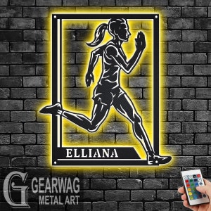 Custom Female Running Signage Metal Wall Art With LED Light, Personalized Running Player Name Sign Decoration, Running Metal LED Decor