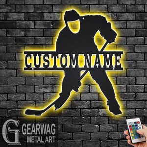 Custom Hockey Metal Wall Art With LED Light, Personalized Hockey Player Name Sign Decoration For Room, Hockey Metal LED Decor, Custom Hockey