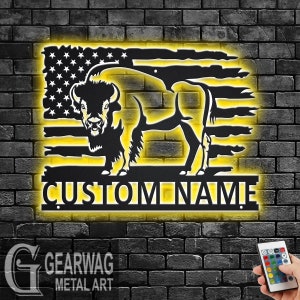Custom US Bison Metal Wall Art With LED Light, Personalized Bison Name Sign Decoration For Room, Bison Metal LED Decor, Custom Bison Name