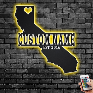 Custom California Map Metal Wall Art With Led Light,Personalized California State Name Sign Decoration For Room,Born In California LED Decor