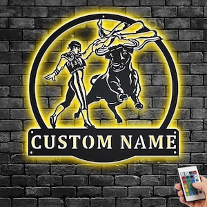 Custom Bullfighting Metal Wall Art With LED Light, Personalized Bullfighting Name Sign Decoration For Room, Bullfighting Metal Home Decor
