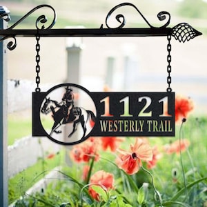 Personalized Cowboy Metal Address Sign House Number Hanging Address Plaque Yard Sign, Outdoor Sign Garden Stake, Metal Address Sign