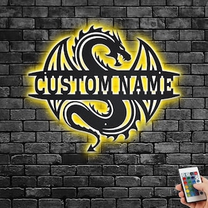 Custom Dragon Metal Wall Art With LED Light, Personalized Dragon Name Sign Decoration For Room, Dragon Metal Home Decor, Custom Dragon