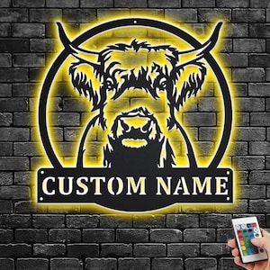 Custom Highland Cow Metal Wall Art With LED Light, Personalized Highland Cow Name Sign Decoration For Room, Highland Cow Metal Home Decor