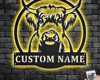 Custom Highland Cow Metal Wall Art with LED Lights