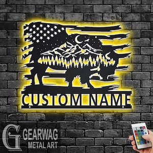 Custom US Bison Metal Wall Art With LED Light, Personalized Bison Name Sign Decoration For Room, Bison Metal LED Decor, Custom Bison Name