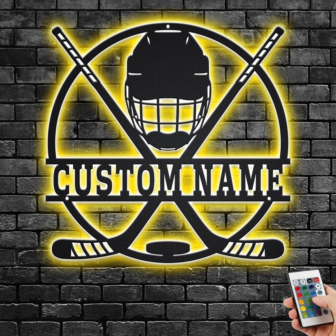 Custom Ice Hockey Metal Wall Art With LED Light, Personalized Player