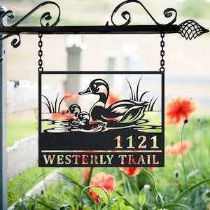 Personalized Duck Metal Address Sign House Number Hanging Address Plaque Yard Sign, Outdoor Sign Garden Stake, Address Name Metal Sign