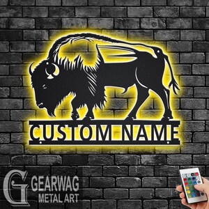 Custom Bison Metal Wall Art With LED Light, Personalized Bison Name Sign Decoration For Room, Bison Metal LED Decor, Custom Bison Name Sign