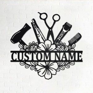Decorazione murale in metallo con nome di parrucchiere personalizzato, decorazione per la stanza con nome di parrucchiere personalizzato, decorazione per la casa in metallo con nome di parrucchiere, parrucchiere