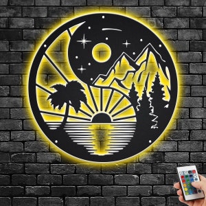 Yin Yang Sonne Mond Buddhismus Metall Wandkunst mit LED-Licht, Yin Yang Sonne Mond Name Zeichen Dekoration für Zimmer, Yin Yang Sonne Mond Metall LED Dekor