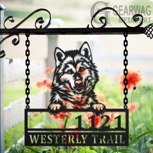 Personalized Alaskan Malamute Dog Metal Address Sign House Number Hanging Address Plaque Yard Sign, Outdoor Sign Garden Stake, Address Sign